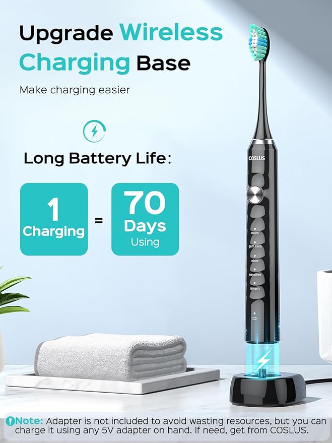 COSLUS Sonic Electric Toothbrush for Adults: 47000 VPM for Deep Cleaning & Whitening with Travel Case - 5 Modes for Sensitive Teeth & Braces, Wireless Charging, 6 Brush Heads for Family, Black (1PC)