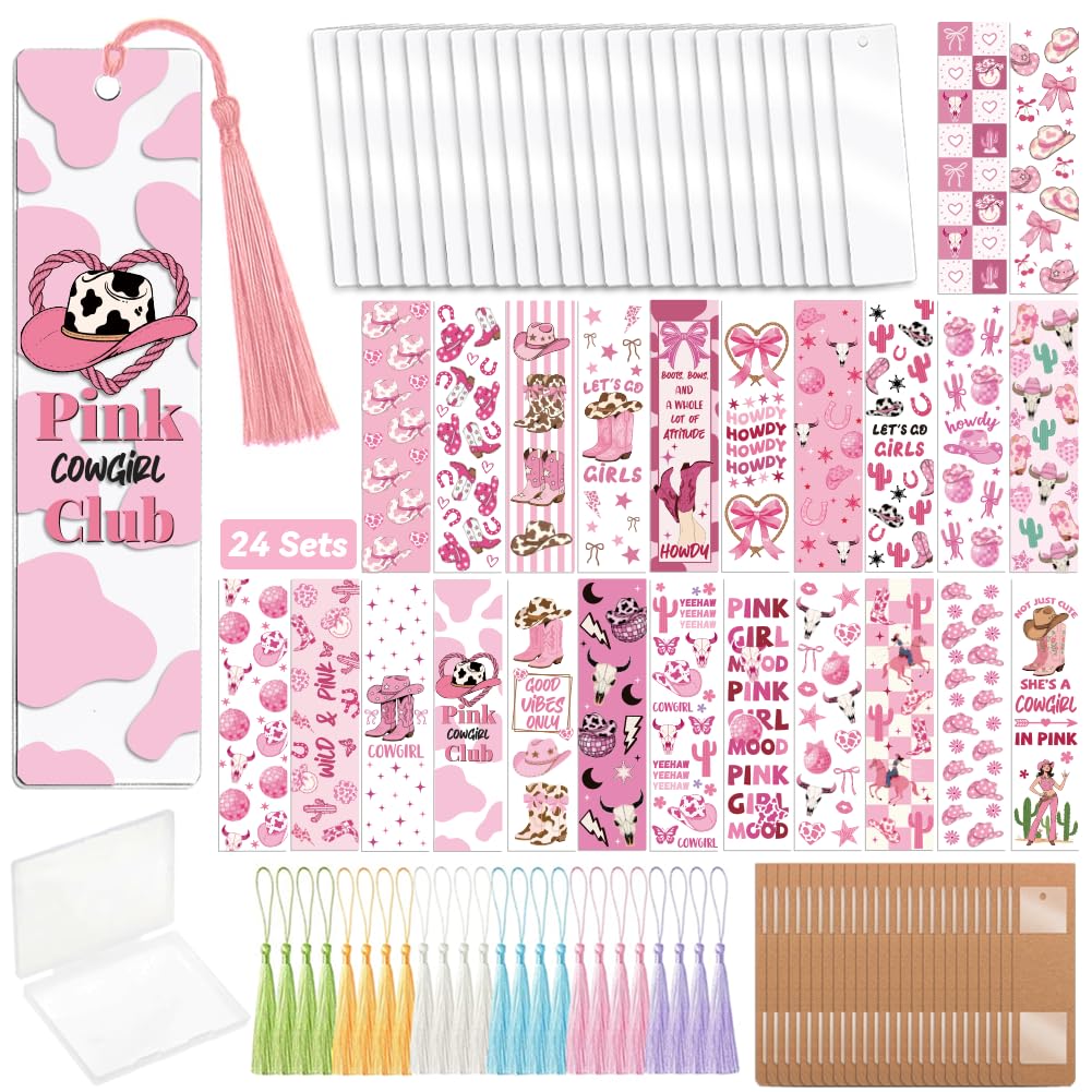 Peacoblue 121pcs Pink Cowgirl UV DTF Acrylic Bookmark Making Kits Carft for Women Men Adult, DIY Cute Bookmarker Decal Stickers Warps Kit for Students Teachers Book Lovers Reading
