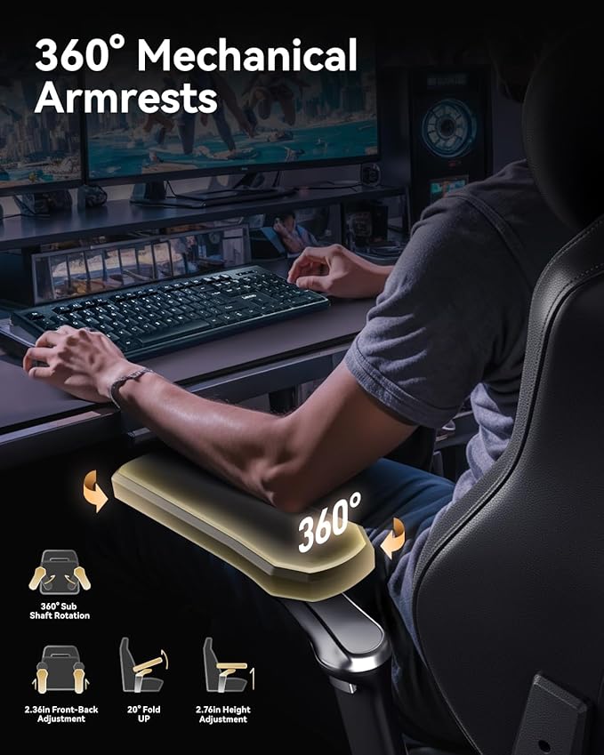 AutoFull M6 Gaming Chair, Ventilated and Heated Seat Gaming Chair with 360° Adjustable Armrest, AUTO Dynamic Tracking Lumbar Support Ergonomic Office Chair with Footrest, Black