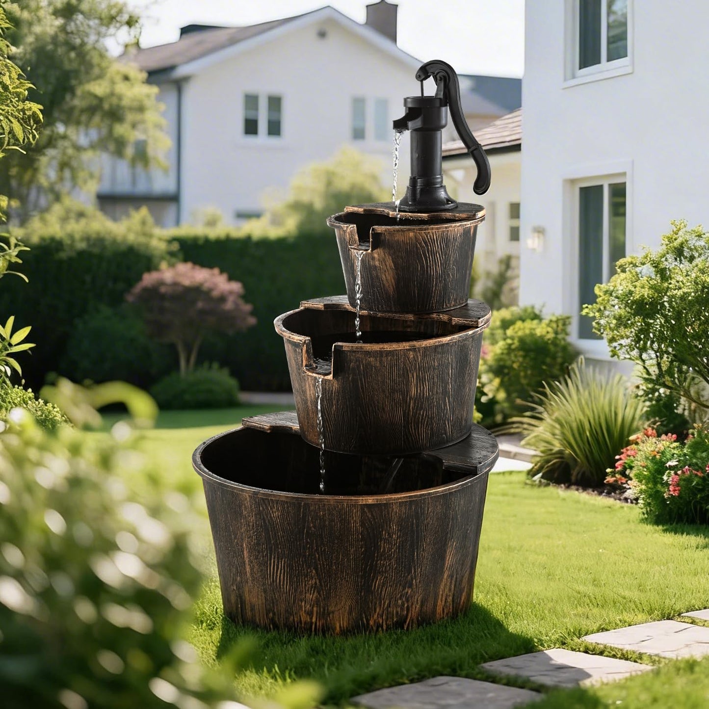 3-Tier Freestanding Rustic Barrel Waterfall Fountain,40-Inch Wood Outdoor Water Fountain with Pump for Garden,Patio, Backyard and Porch