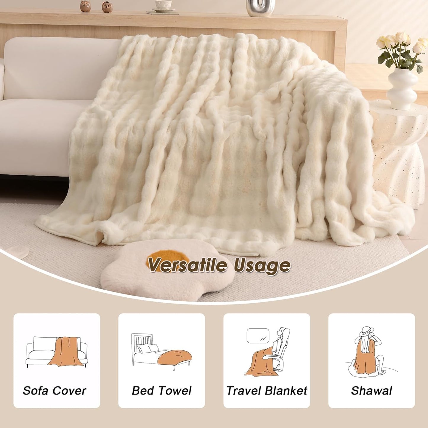 VM VOUGEMARKET Plush Faux Fur Couch Cover Thick Fluffy Fuzzy Sectional Sofa Cover Cream Beige Sofa Slipcover Soft Warm Throw Blanket for Couch Sofa Bed- Cream White,71" x 134"