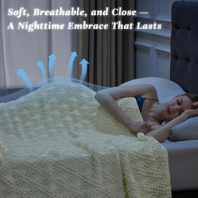 Knitted Weighted Blanket for Adult, Chunky Knit Weighted Throw for Sleep 60"*80" 17lbs, Cooling Breathable Machine Washable Heavy Blanket for Room Decor (Ivory White, Queen)