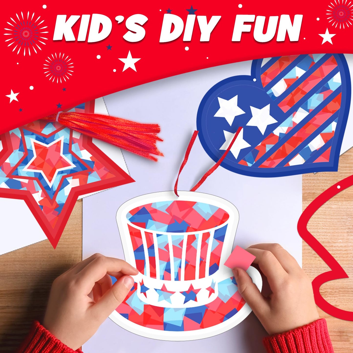 42 Packs 4th of July Suncatchers Crafts for Kids, Patriotic 250th Anniversary DIY Star Tissue Paper Sign Art Craft Kit Gift for Patriotic Religious Christian Classroom Church Activities Party Decor