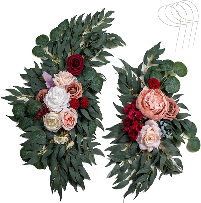 AitnWoy Artificial Wedding Arch Flowers Kit 2 PCS Dust Rose Flowers Silk Peony Floral Swag Welcome Sign for Wedding Ceremony Party Home Garland Decor (Burgundy Red)