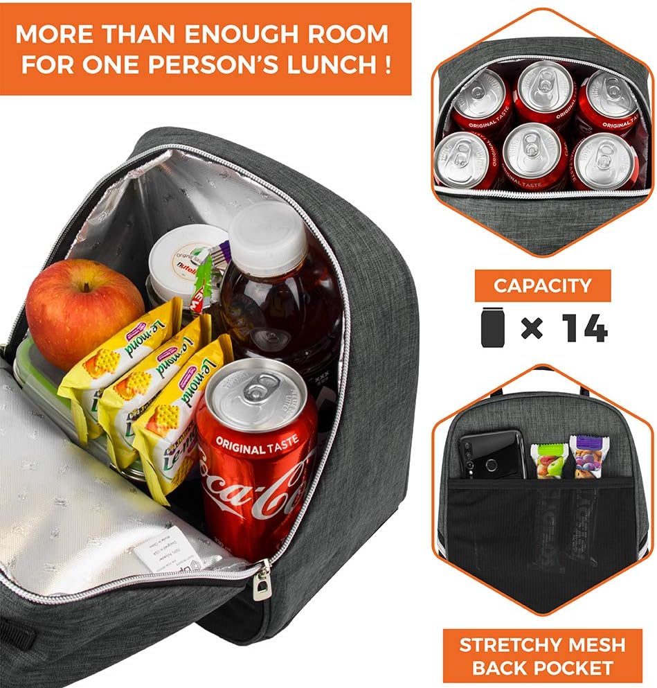 opux Lunch Box for Girls Boys Kids, Insulated Leakproof Lunch Bag, Reusable Teen Lunch Boxes for School, Medium Large lunchbox for Women Men Adult for Work with Front Back Pocket (Dark Gray)