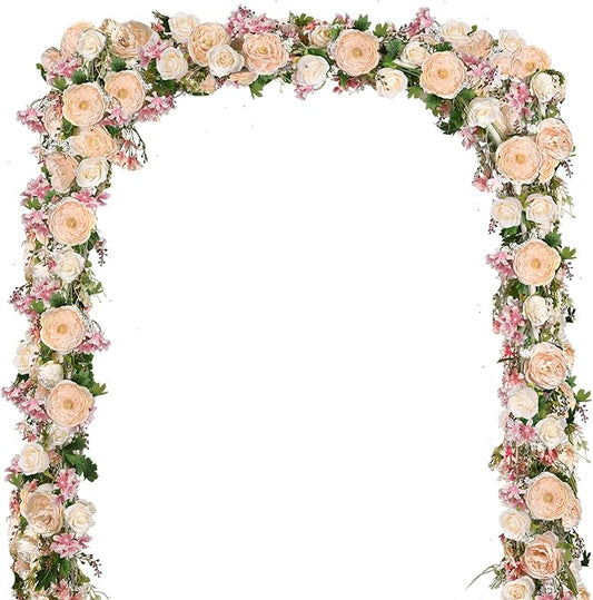 2 Pack Artificial Peony Flower Garland - 6ft Silk Peony Garland Flower Vine Champagne Peony Silk Roses Flowers for Wedding Arch Party Table Decor (2, Champagne)