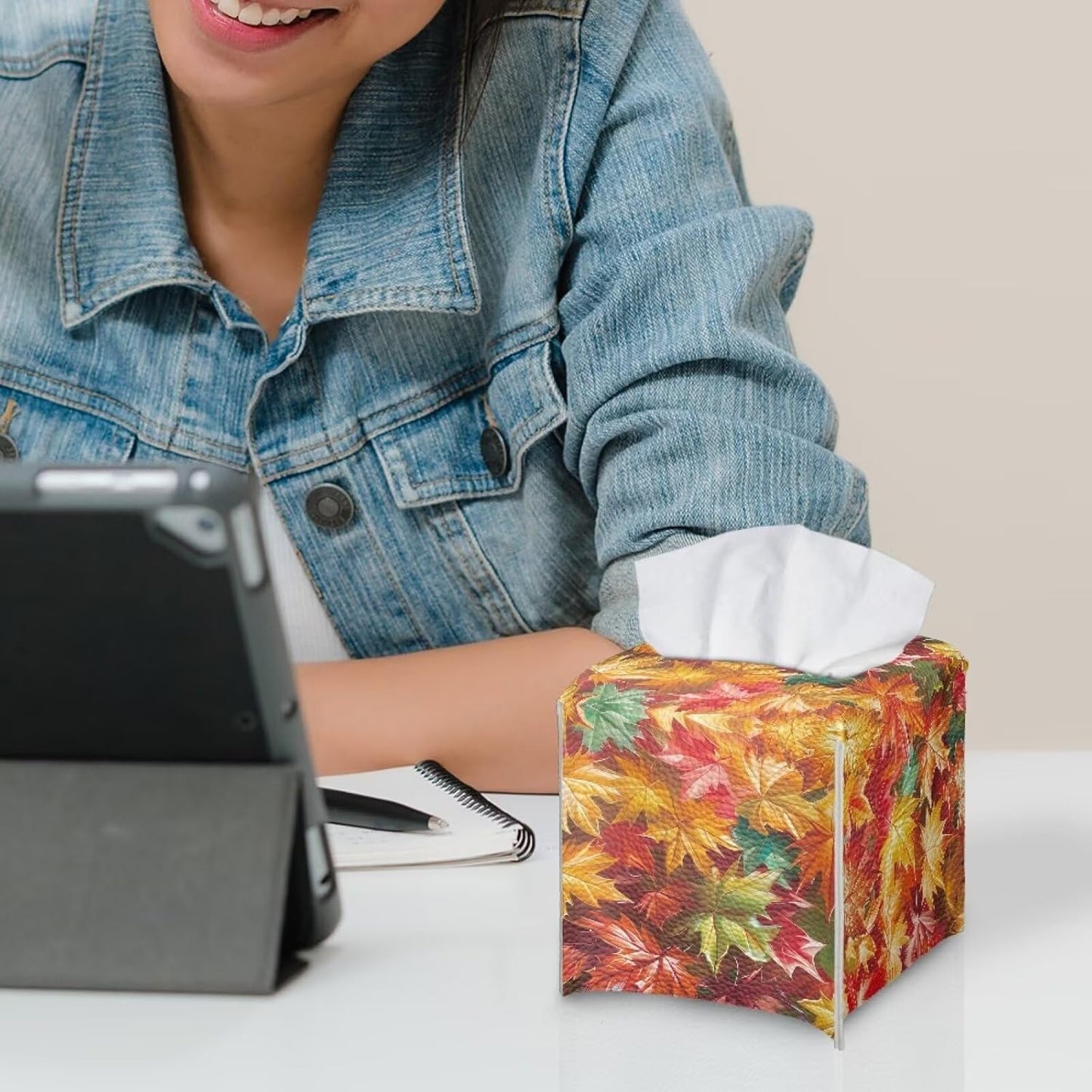 Maple Leaf Tissue Box Cover PU Leather Square Tissue Box Case Thanksgiving Theme Organizer Holder Foldable Waterproof Facial Paper Dispenser Easy to Install