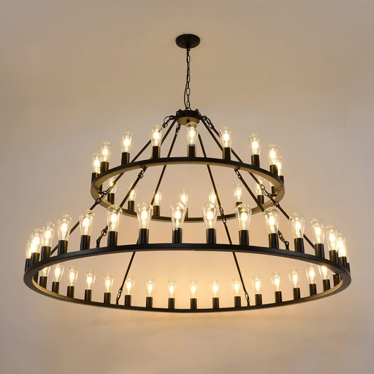 WOGON WEEL Wagon Wheel Chandelier 2 Tier 54-Light 60-inch, Farmhouse Industrial Chandelier Black Rustic Pendant Light Fixture Extra Large for High Ceilings, Living Room Foyer