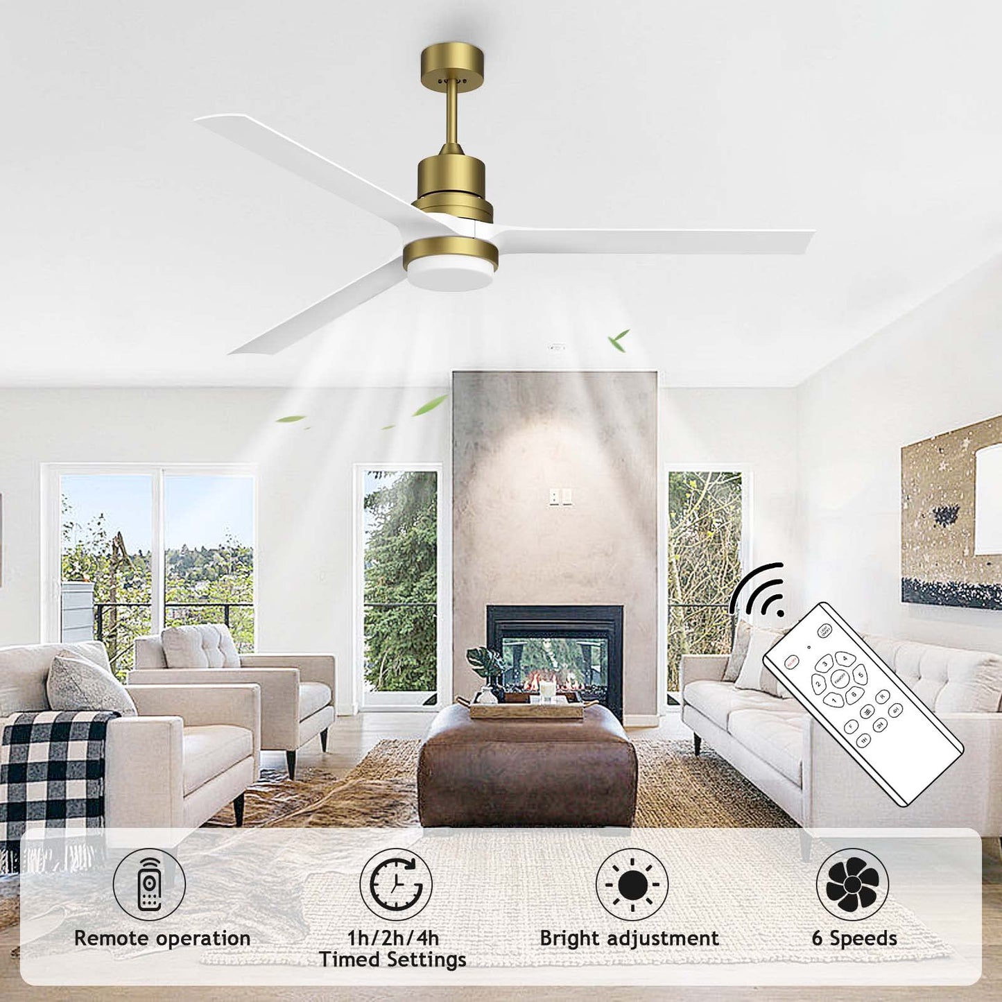 Biukis Ceiling Fans With Lights 60-In White Ceiling Fan With Dimmable Led Light Kit Remote Control Modern Blades Reversible Dc M