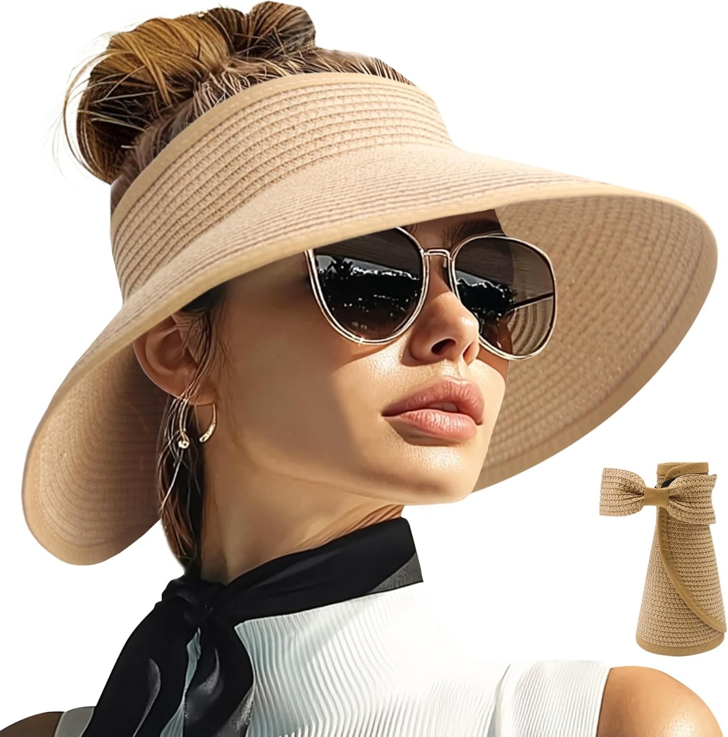 PFFY Sun Hats for Women Straw Beach Hat Packable Foldable Wide Brim Ponytail Travel Visor