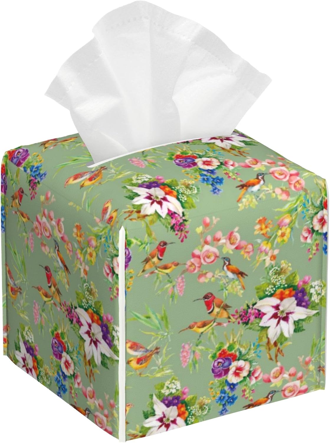 Watercolor Birds Tissue Box Cover,Exotic Wild Flowers Tissue Box Holder Square with Bottom Belt,Waterproof Modern Napkin Holder Organizer for Bedroom Dresser Night Stand Office Desk,5.2" x 5.2" x 5.2"