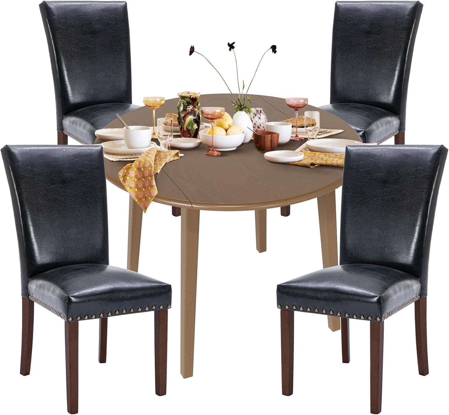 COLAMY 5-Piece Extendable Dining Table Set for 4, 36" Kitchen Round Wood Table with 4 Nailhead Dining Room Chairs,Light Brown/Black