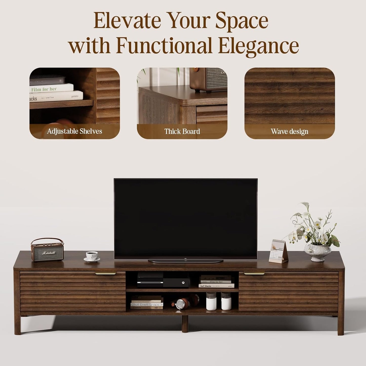 TV Stand for Living Room - up to 80 Inch TVs Mid Century Modern Entertainment Center with Storage and Adjustable Shelves, Media Console Table Walnut 70"