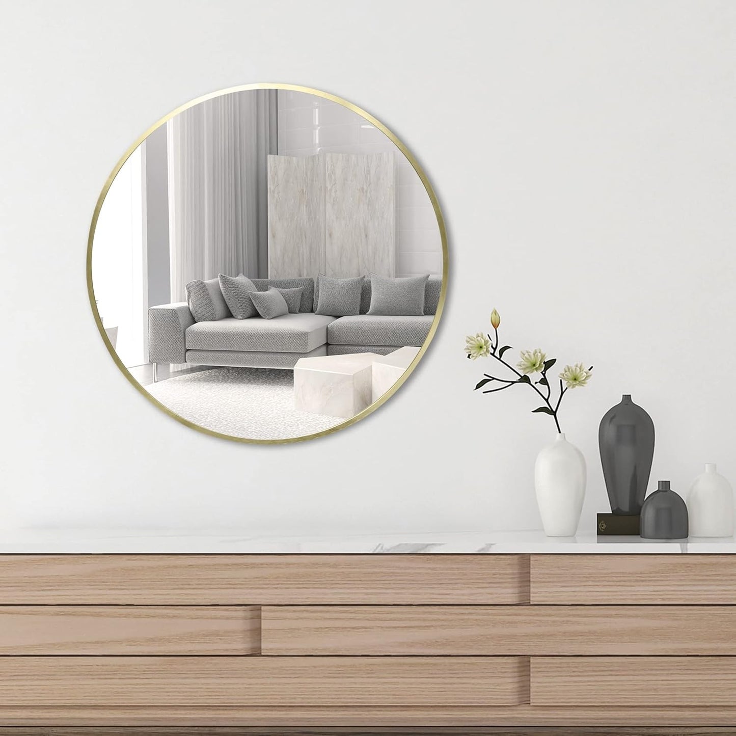FrameWorks 28" Deluxe Contemporary Brass Gold Circular Aluminum Mirror