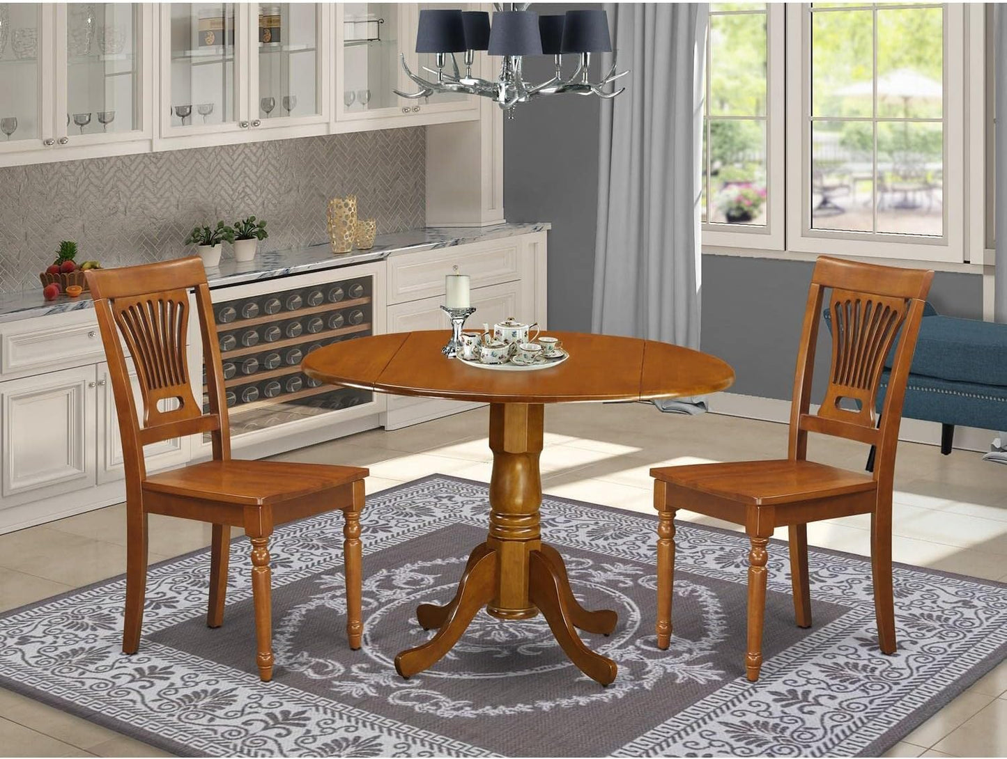East West Furniture DLPL3-SBR-W 3 Piece Dining Table Set for Small Spaces Contains a Round Dining Room Table with Dropleaf and 2 Wood Seat Chairs, 42x42 Inch, Saddle Brown