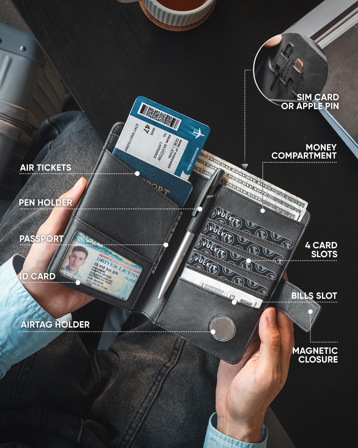 VULKIT Passport Holder with Airtag Holder RFID Blocking Passport Wallet Travel Leather Passport for Women(Dark Grey)