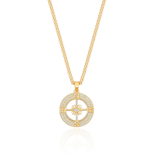 PEARLADA 18K Gold Plated Cuban Chain Compass Pendant Necklace with Micro-Inlaid Cubic Zirconia Halo Womens Handmade Navigation Travel Jewelry for Graduation Gift