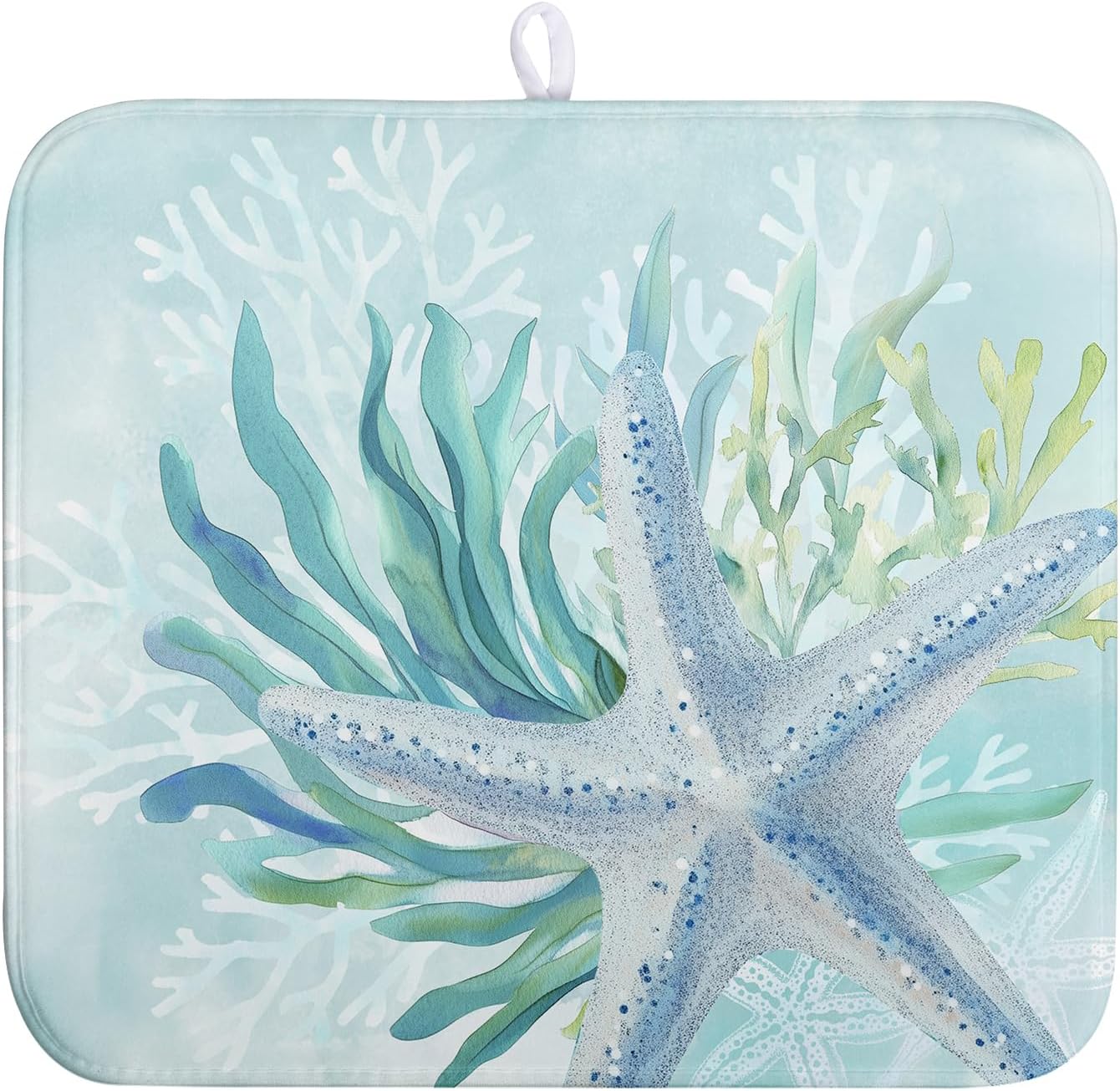 Summer Coastal Dish Drying Mat for Kitchen Counter Nautical Beach Starfish Coral Dish Drying Pad Ocean Teal Blue Dish Mat Absorbent Microfiber Dishes Drainer Mats 16"x18"