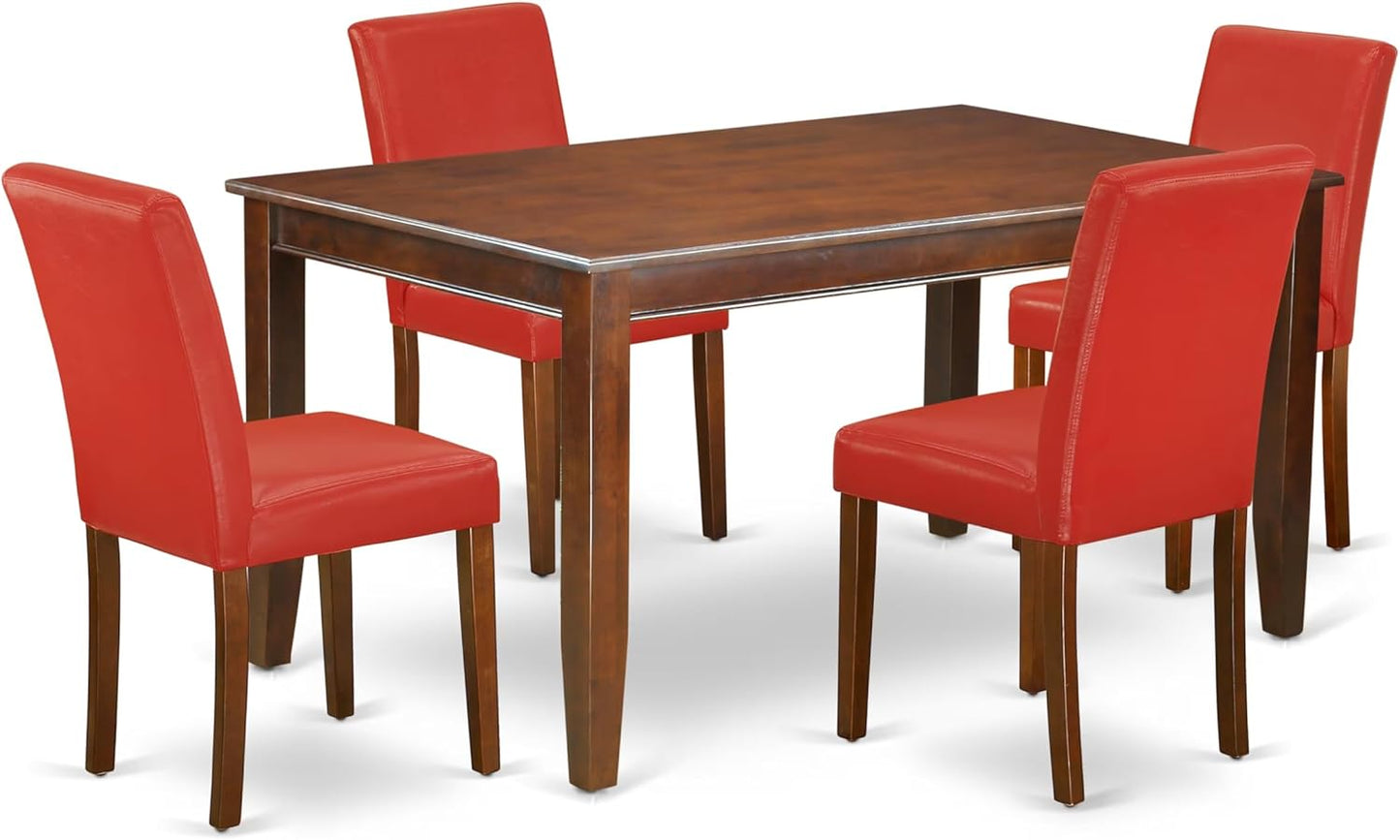 East West Furniture DUAB5-MAH-72 5 Piece Dinette Set for 4 Includes a Rectangle Dining Table and 4 Firebrick Red Faux Leather Parson Dining Room Chairs, 36x60 Inch, Mahogany