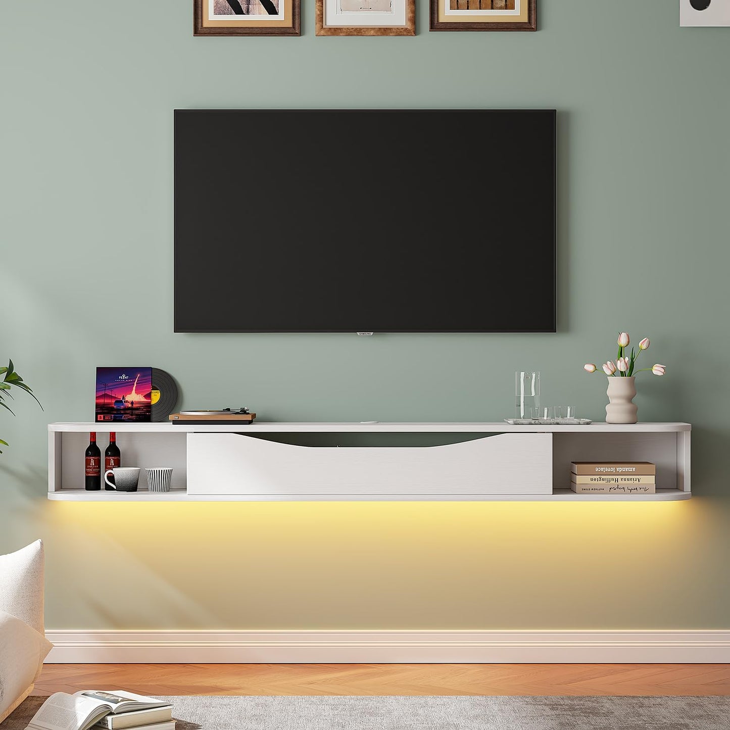Floating TV Stand,47'' Wall Mounted TV Cabinet,Floating TV Console,Under TV Shelf with 1 Door and 2 Cabinets for TVs up to 55''(White)