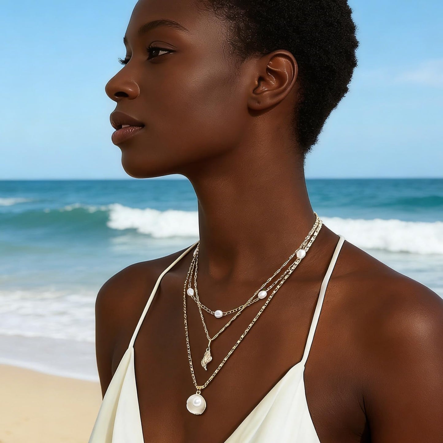 Shell Starfish Necklace for Women Gold Tone Layered Beach Jewelry Pearl Seashell Charm Adjustable Coastal Necklace for Summer Vacation Outfits Gifts