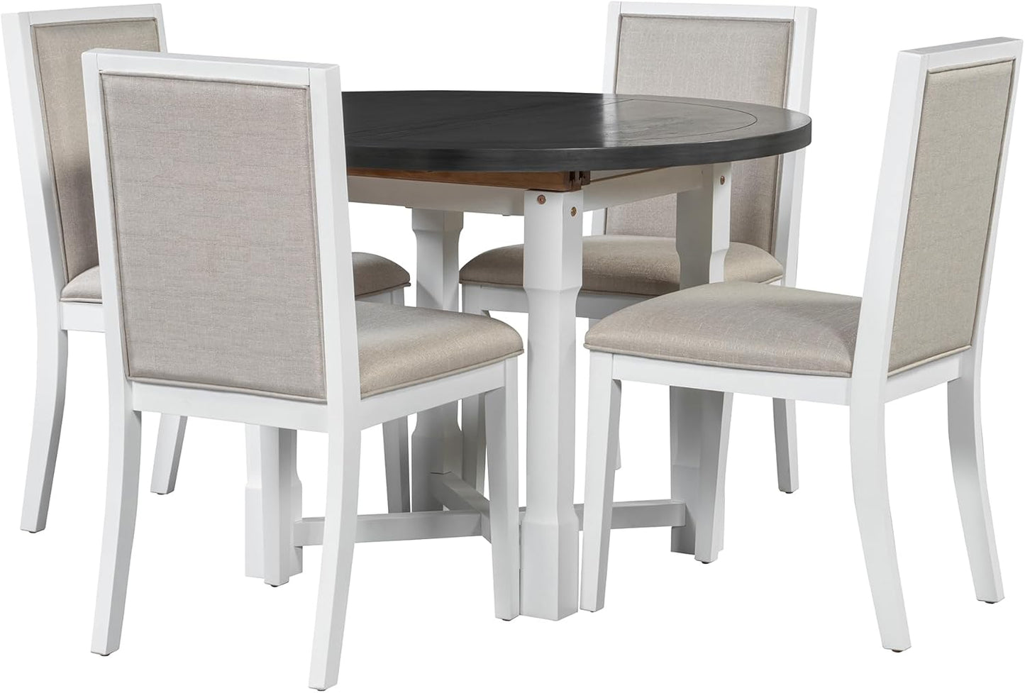 Merax 5-Piece Extendable Dining Table and 4 Upholstered Chairs, Round Oval Dining Table Set for 4, Wood MDF Kitchen Table Set with Removable Leaf for Dining Room, 42" to 58" (Grey+White)
