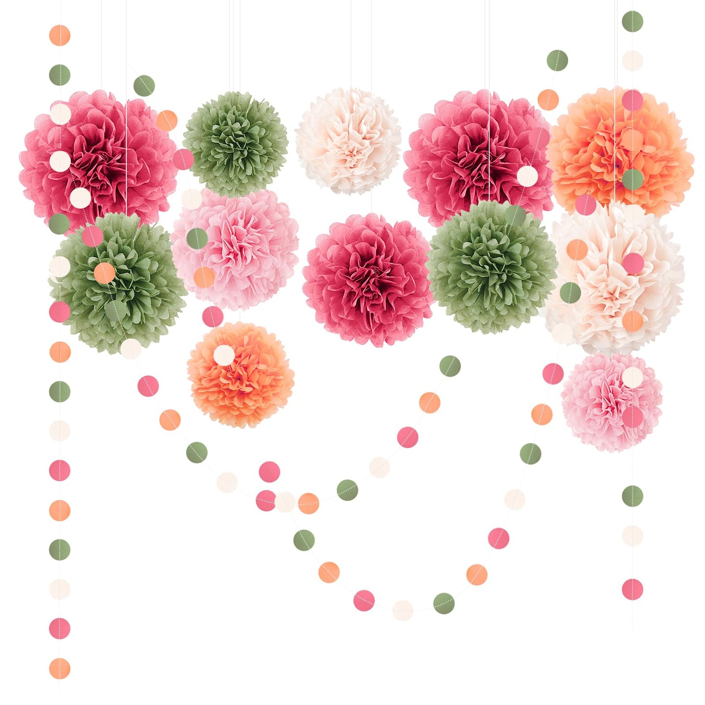 NICROLANDEE Wedding Party Decorations - 15Pcs Pink, Sage Green, Ivory Tissue Paper Pom Pom for Birthday Pastel Decorations, Engagement Baby/Bridal Shower Anniversary Valentine Dot Paper Backdrop Decor