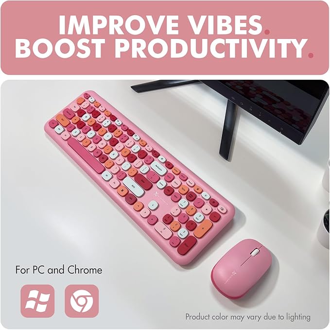 X9 Pink Cute Wireless Keyboard and Mouse Combo - 2.4G Retro Typewriter-Style with Aesthetic Bubble Keys - Colorful Hot Pink Keyboard and Mouse Wireless Combo for PC, Laptop, Windows & Chrome