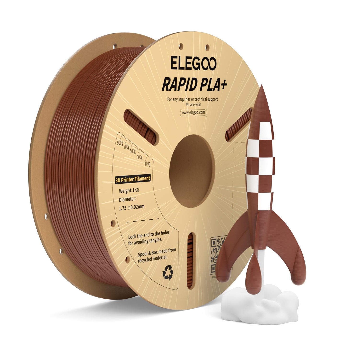 ELEGOO Rapid PLA Plus Filament 1.75mm Brown 1KG, PLA+ 3D Printer Filament for 600 mm/s High Speed Printing, Dimensional Accuracy