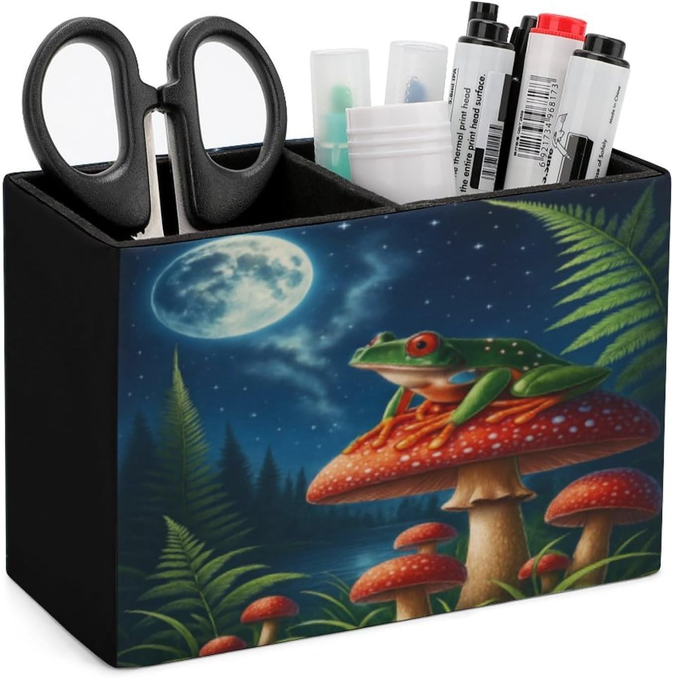 Frog On Mushroom Lether Pen Holder for Desk Makeup Brush Holder Office Organizer Desk Accessory for School Office