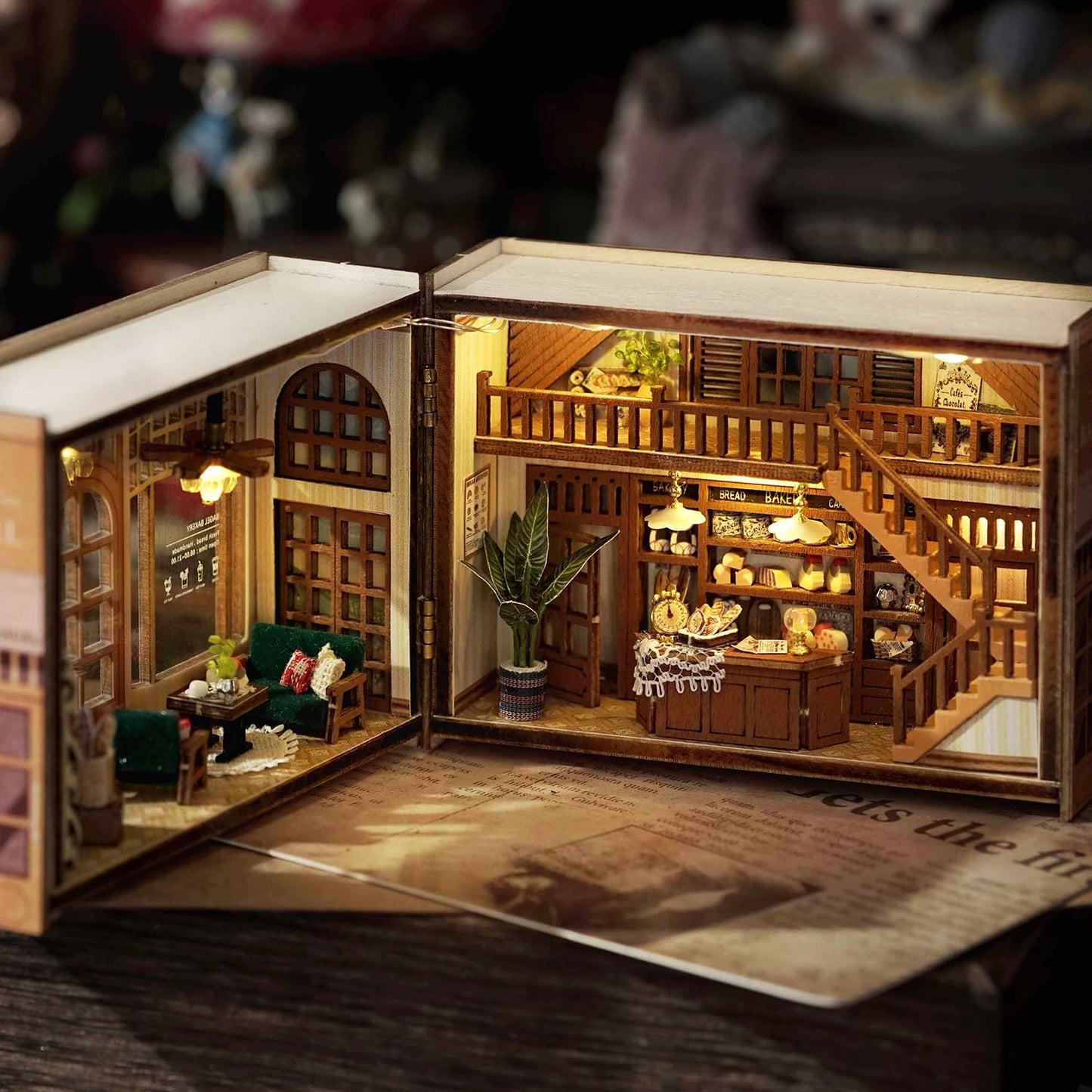 TuKIIE DIY Miniature Dollhouse Kit with Furniture, 1:32 Scale Opened & Closed Mini Cube Wooden Doll House Book Nook Creative Room for Kids Teens Adults(Bagel Time)
