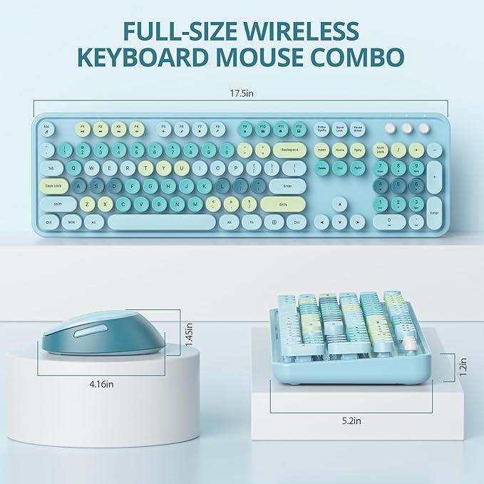 Owpkeenthy Blue Keyboard and Mouse Wireless，Cute Typewriter Keyboard Wireless 2.4GHz Full-Size with Retro Round Keycaps for Desktop, Laptop and Computer(Coloful Blue)