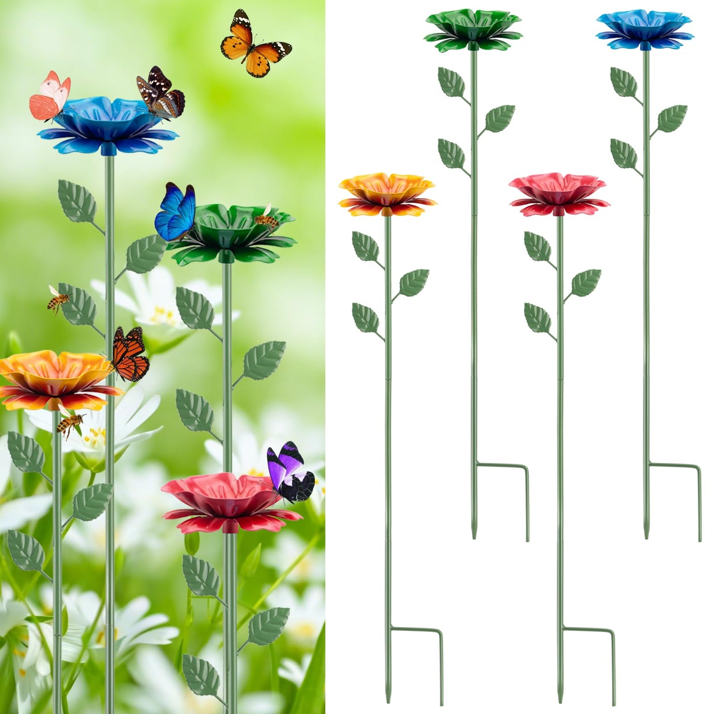Abtanx 4 Pack Bee Watering Station, Bee Feeder for Garden Metal Butterfly Water Feeder with Flower Design Colorful Butterfly Bee Bath Bowl for Outdoor Garden Yard