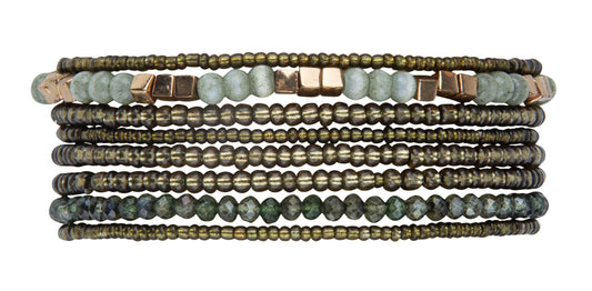 SPUNKYsoul Olivia 8 Piece Boho Bracelet Set for Women, Layered Stretch Beaded Bracelet Stack, Green Stone Seed Bead Bracelets with Gold Accents, Bohemian Stackable Jewelry Gift (Green Gold)
