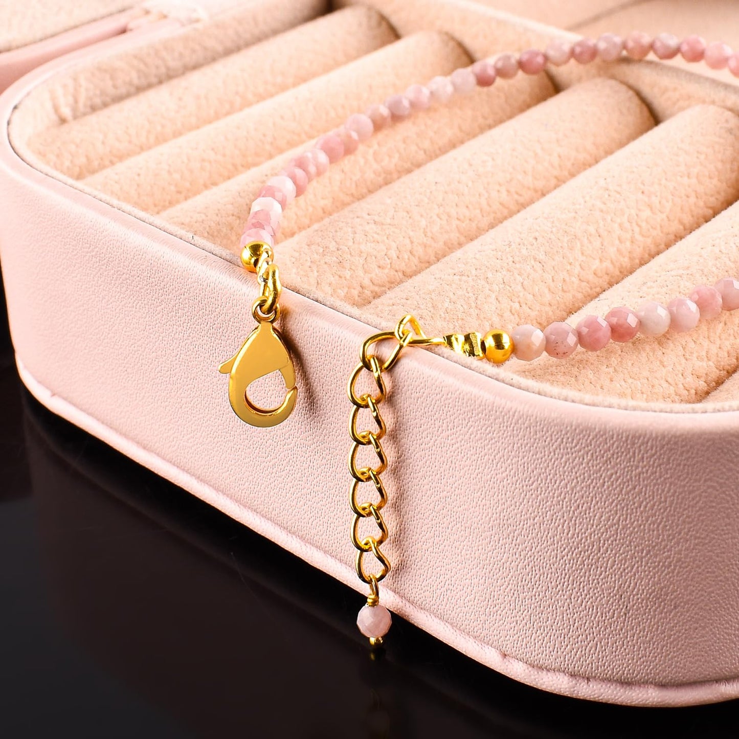 Natural Pink Opal Gemstone Micro Beads Dainty Bracelet Jewelry for Women, October Birthstone, Chakra Energy Crystals, 14k Gold Plated Chain 8 inch Adjustable