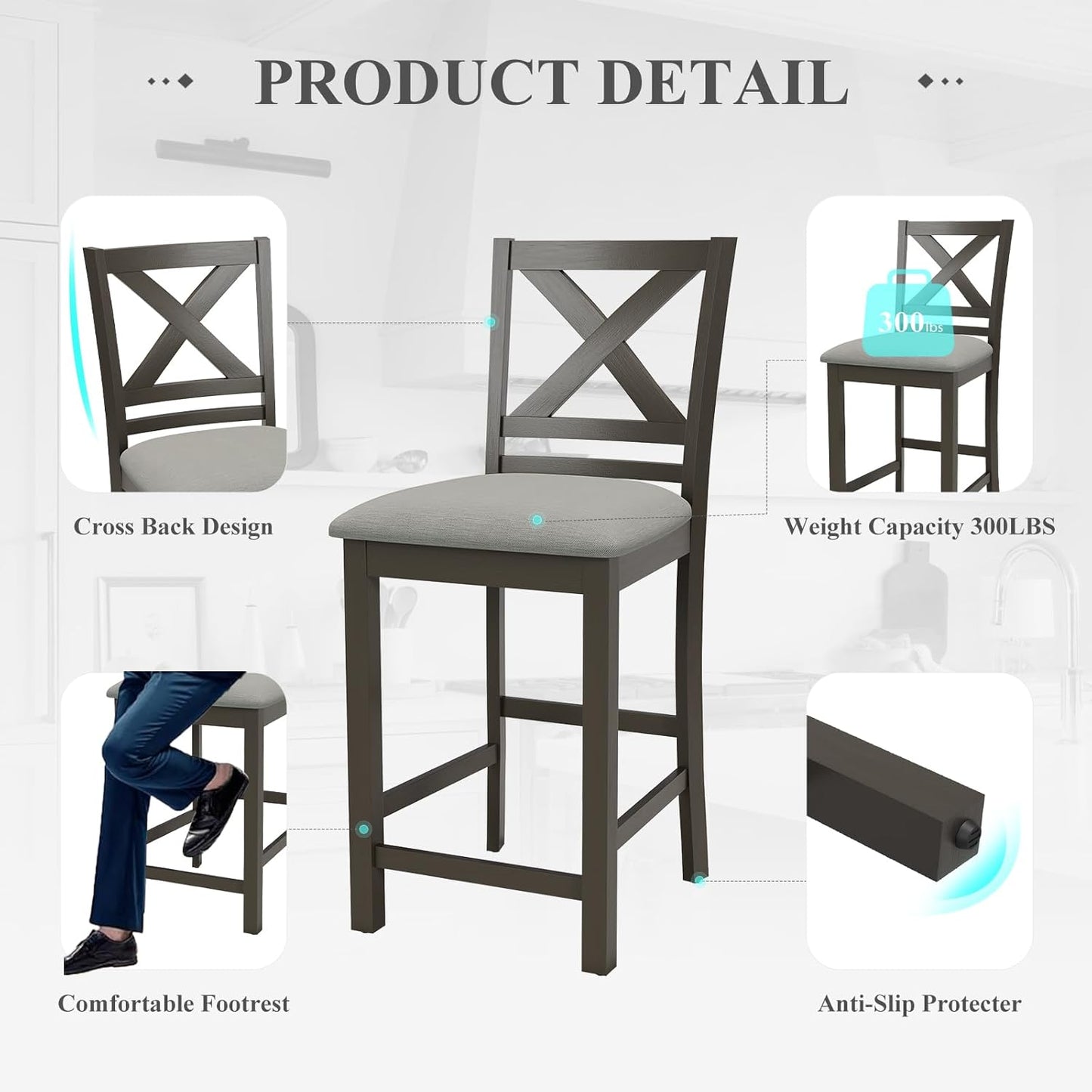Upholstered Counter Height Bar Stools Set of 6, Modern Kitchen Island Barstools Chairs with Cross Back and Wood Legs for Dining Room Bar, Dark Grey