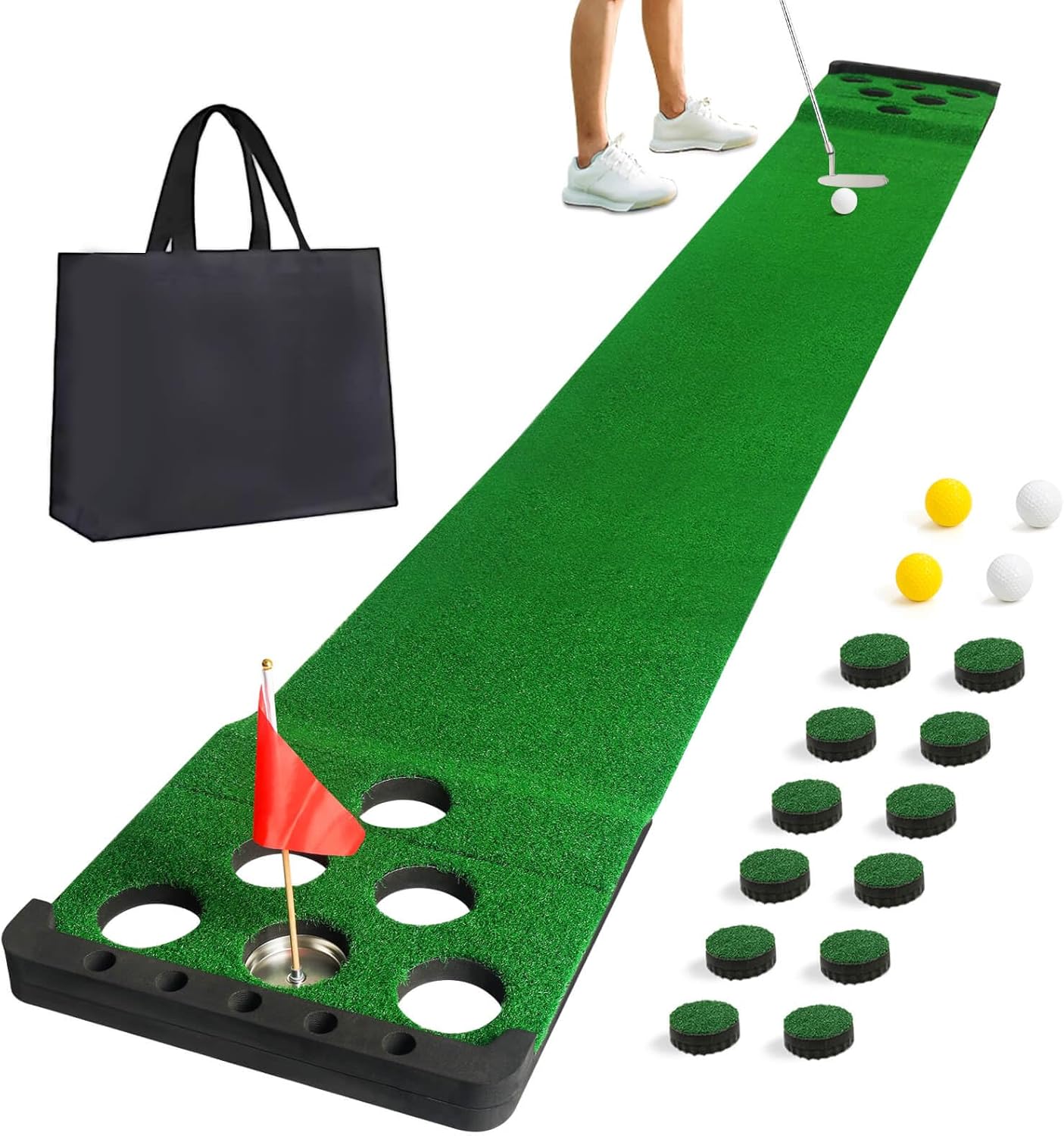 Golf Putting Game Set with Front Border for Indoor & Outdoor,Golf Putting Green Mat Include 4 Balls,1 Portable Bag,2 Flags&Cups,Practice Training Aid for Backyard,Party,Office