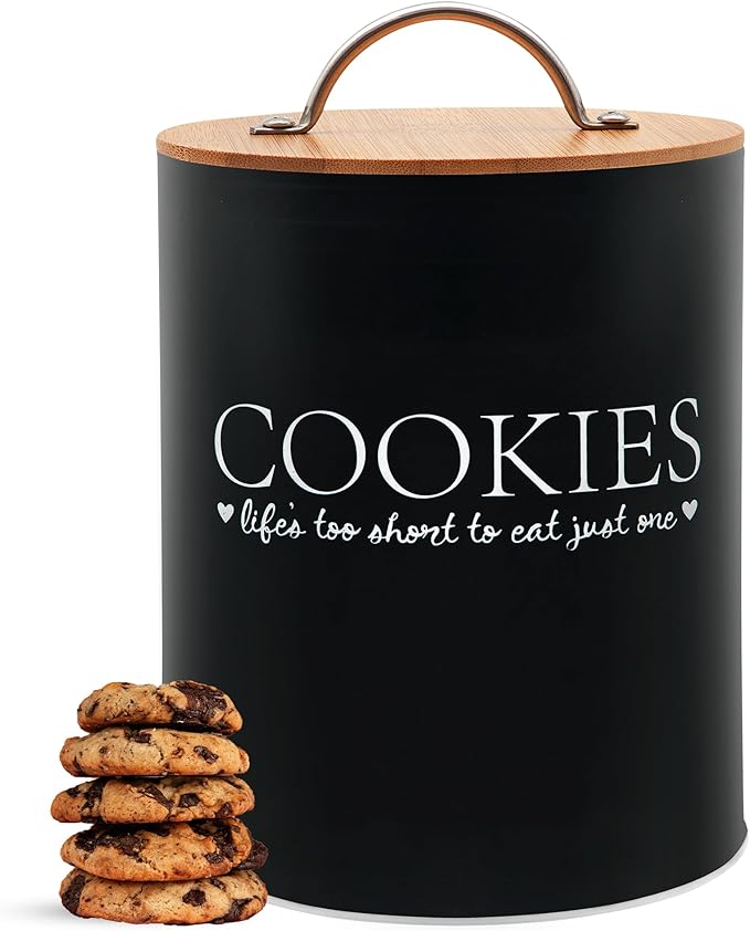 D'Lifeful Cookie Jar with Airtight Bamboo Lid – 0.6 Gallon Cute and Decorative Cookie Storage for Kitchen Countertop – Farmhouse Storage Tin for Freshness – Great Gift Idea