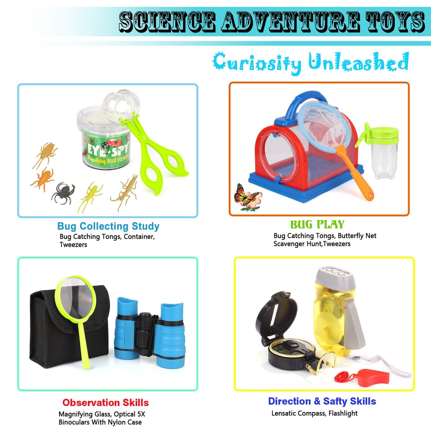 ESSENSON Outdoor Explorer Kit & Bug Catcher Kit with Binoculars, Compass, Magnifying Glass, Critter Case and Butterfly Net Great Toys Kids Gift for Boys & Girls Age 3-12 Year Old Camping Hiking