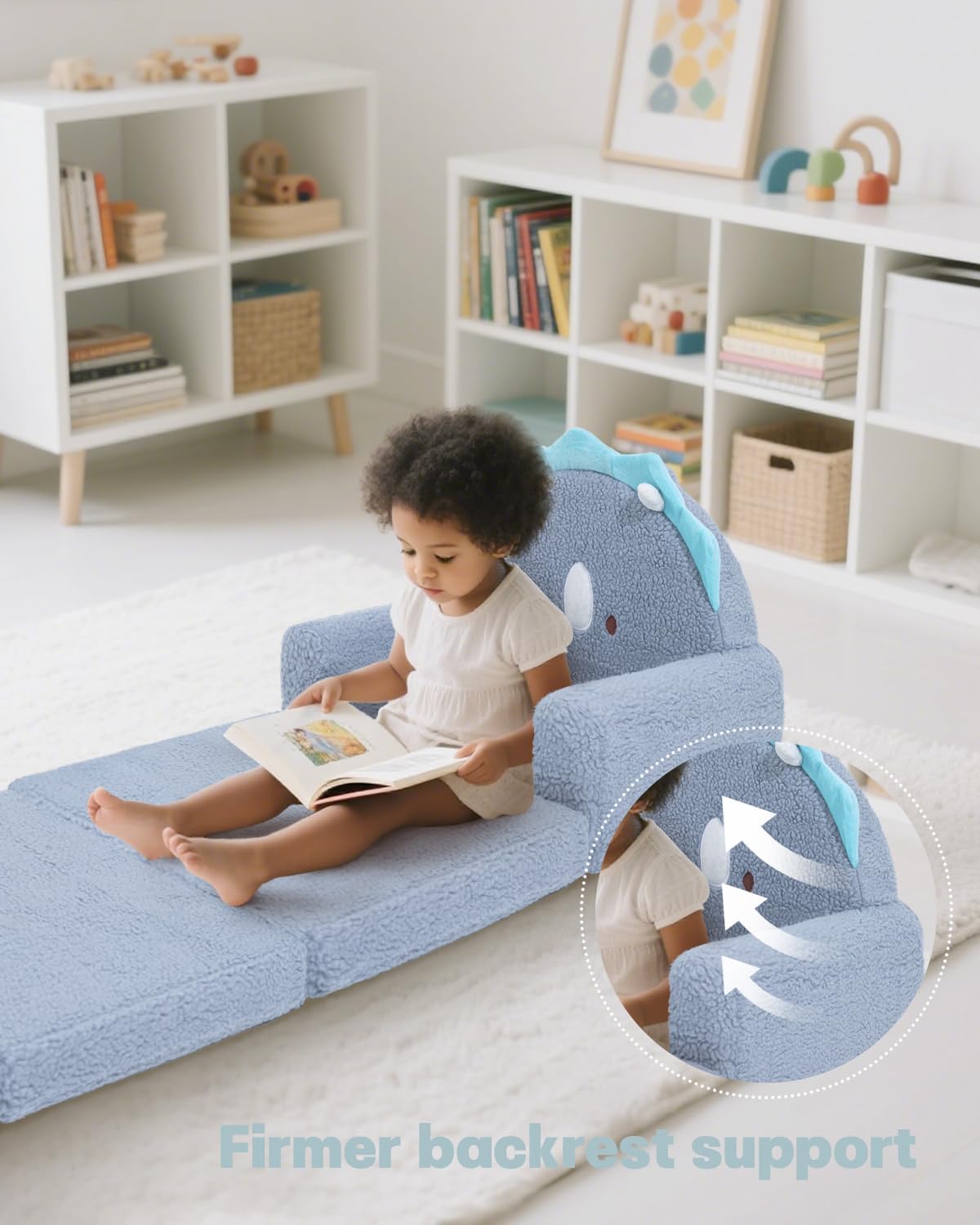 MOONBEEKI 2-in-1 Foldable Toddler Couch, Soft Sherpa Fabric with Washable Cover, Convertible Sofa to Lounger, Kids Sofa for Playroom, Bedroom, Living Room, Birthday Gift, Ages 1-3, Blue Triceratops