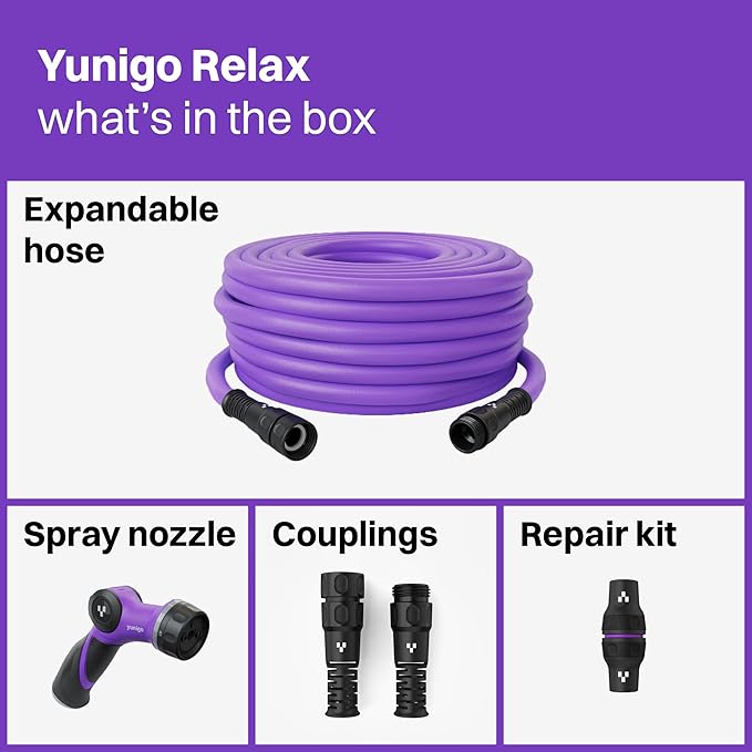 RELAX 50ft Expandable Purple Garden Hose – Lightweight No-Kink Design with Durable Aluminum Fittings, Spray Nozzle & Hose Mender for Home & Garden Watering