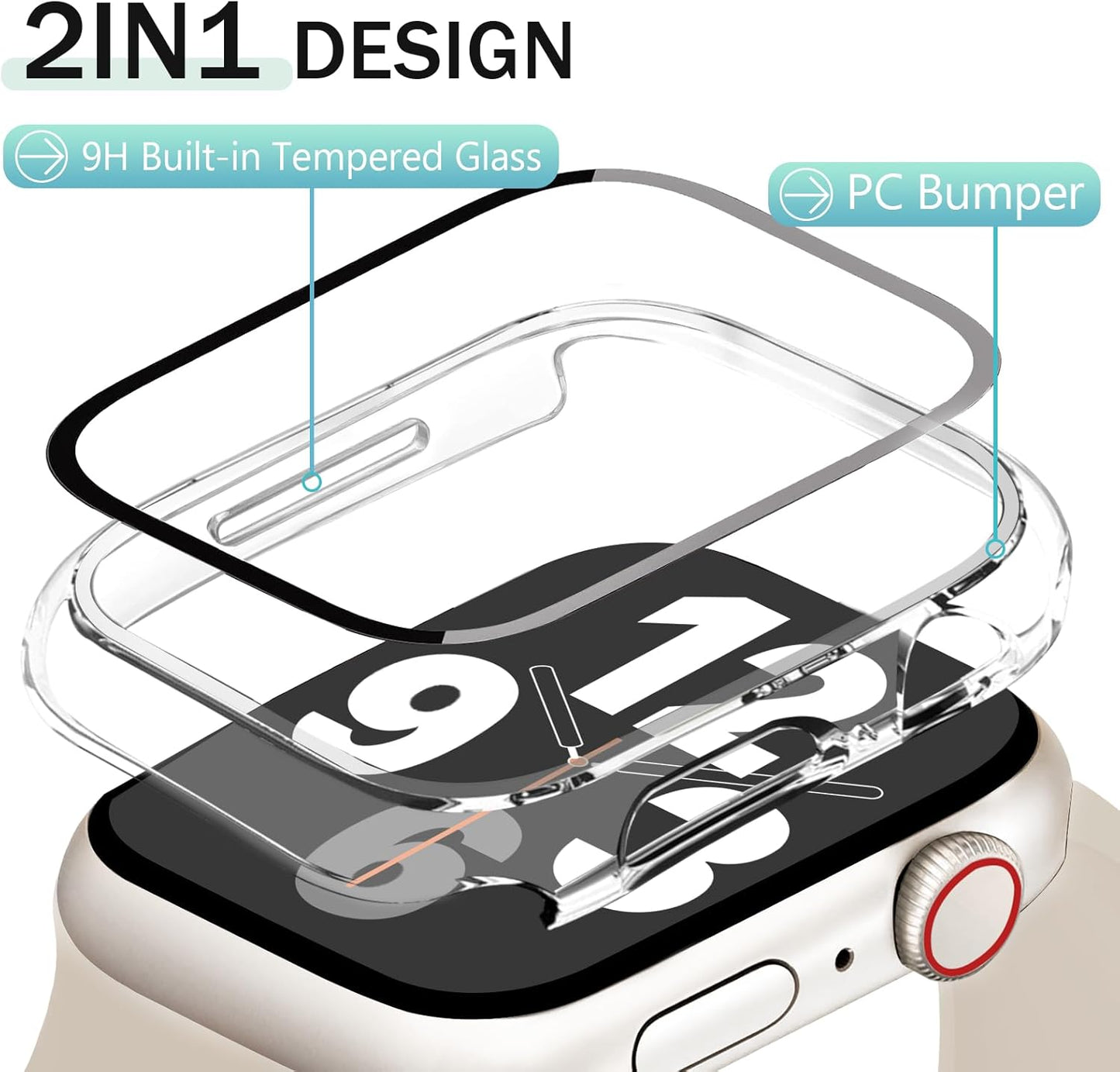 JR.DM 41mm 2 Pack Hard PC Case with HD Tempered Glass Screen Protector for Apple Watch Series 9/8/7, Slim Guard Bumper Full Coverage Protective Anti-Scratch Face Cover for iWatch, Clear+Clear