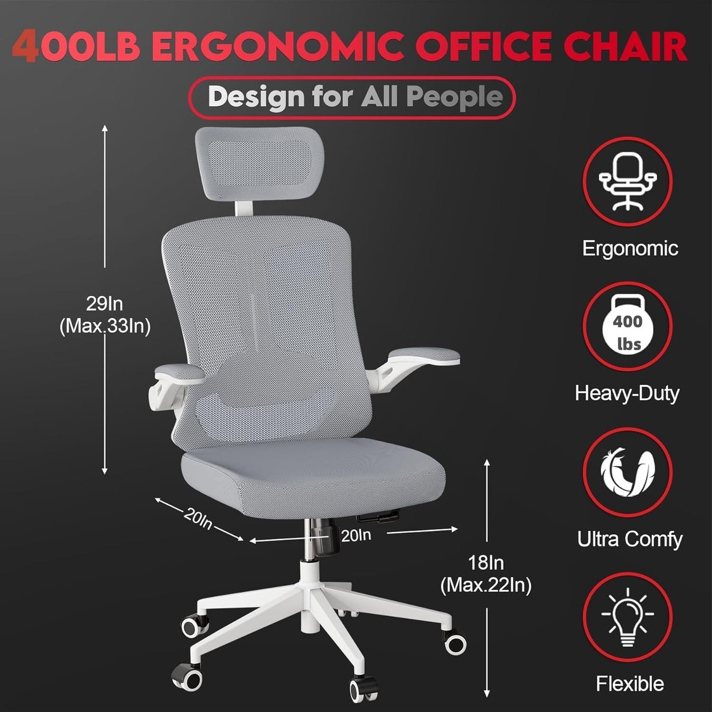 Ergonomic Office Chair - 400LB Comfy Desk Chairs with Headrest and Back Support, Heavy Duty Mesh Computer Chair with Wheels and Arms for Home Office, Study, Bedroom and College Dorm (Grey)