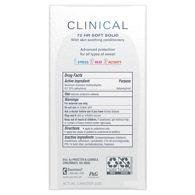 Secret Clinical Strength Antiperspirant Deodorant for Women, Free & Sensitive, 3X Stress Protection, 72hr Sweat & Odor Protection, PH Balancing Minerals, Soft Solid, Unscented, 1.6 oz (Pack of 3)