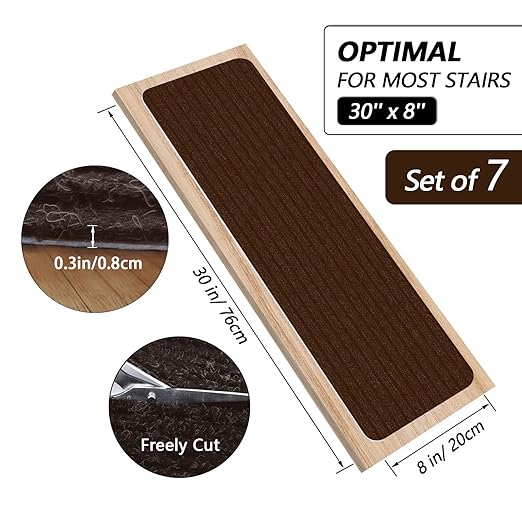 Non-Slip Stair Treads, 7.8" X 30" (7-Pack) Stair Runner Indoor Outdoor Mats, Brown Slip Resistant Stair Tread Mats Step Covers Pads for Elders, Kids and Pets(30" x 7.8", Brown)