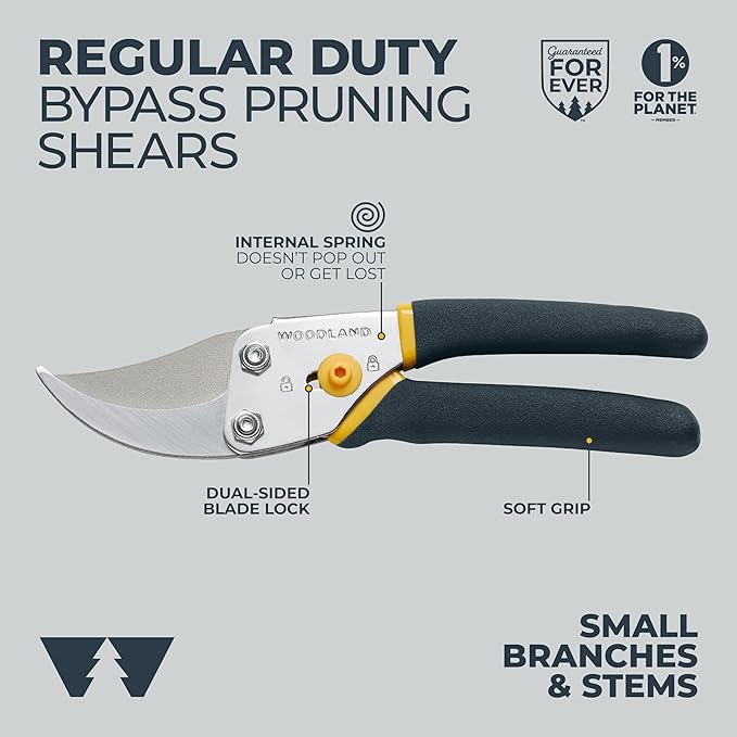 Woodland Tools Co. Bypass Pruning Shears for Gardening – 5/8" Cut Capacity, High Carbon Steel Blade with Non-Stick Coating, Soft Grip, Steel Handle, Hand Pruner for Plants, Flowers, and Shrubs