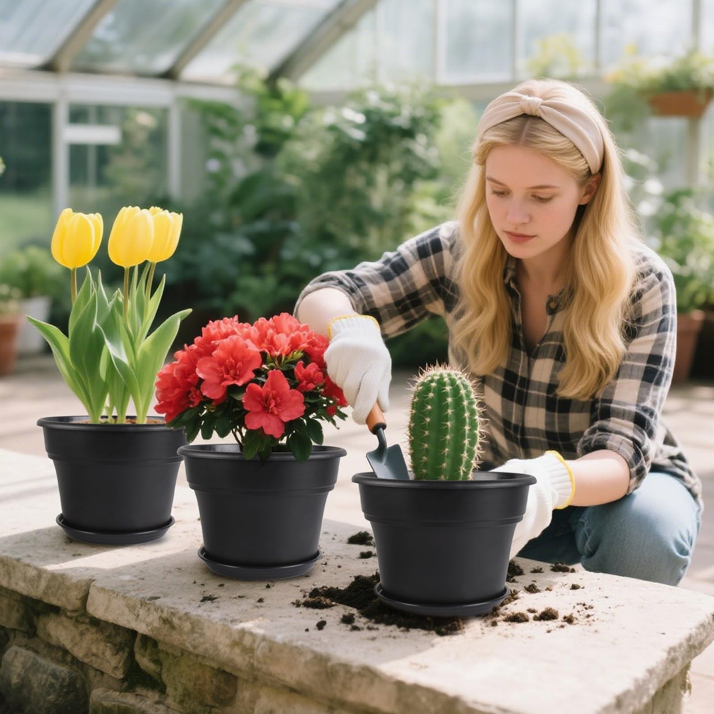 Myfeegoin 10-inch-Plant-Pots-Indoor-Outdoor, 4 Pack Plastic Planters with Drainage Holes & Saucers, Resin Flower Pots with Trays, Classic Garden Pot Container for House