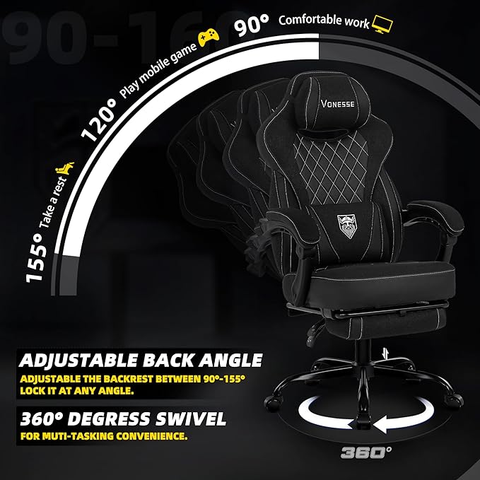 Vonesse Gaming Chair, Reclining Fabric Gaming Chairs for Adults 250LBS, Office Chair with Pocket Spring Cushion, Computer Chair with Footrest and Massage Lumbar Support (Black)