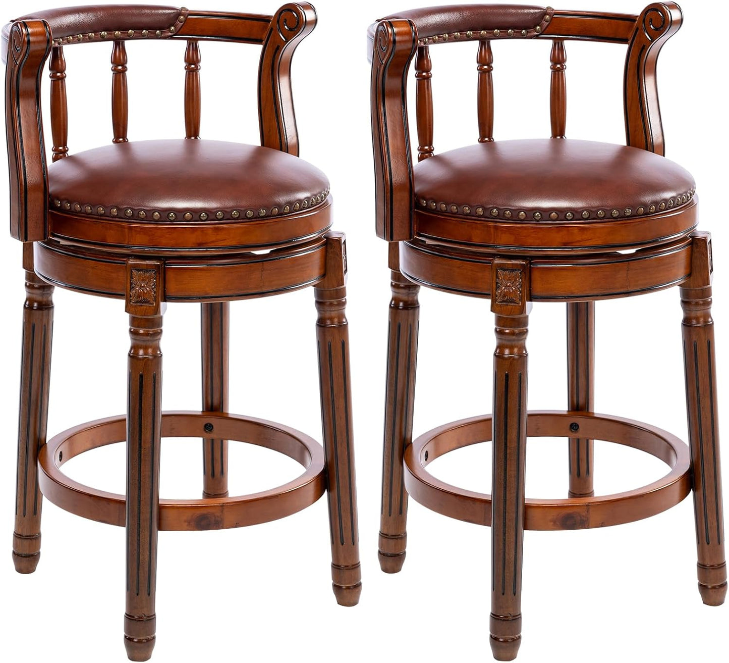 Cow top Leather Wooden Bar Stools, 360 Degree Swivel Bar Height Chair with Backs for Home Kitchen Counter, Morden Chair Barstools (Brown 2pcs, Counter Height-Seat Height 26”)