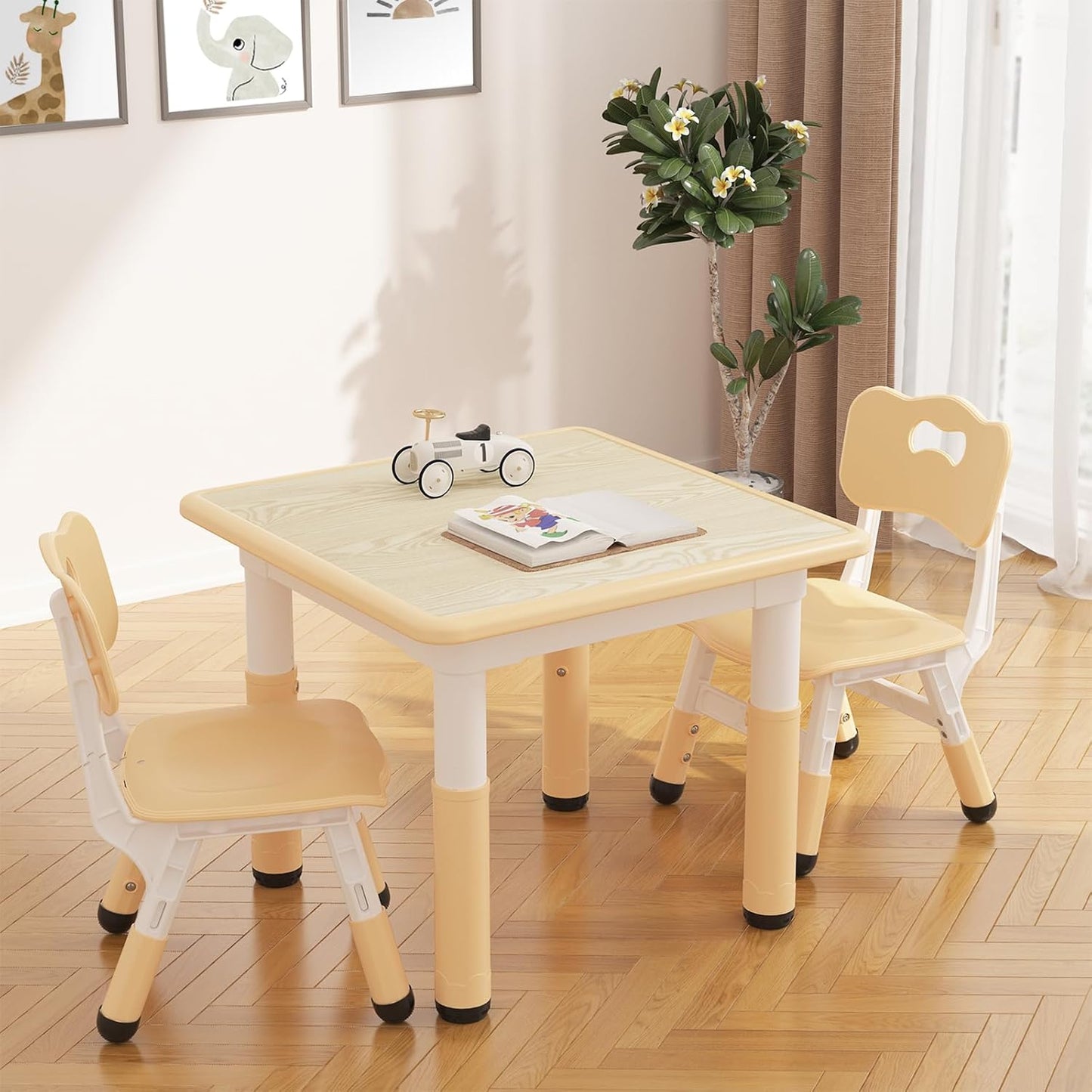 GarveeHome Kids Table and 2 Chairs Set, Height Adjustable Toddler Table and Chair Set for 2, Graffiti Desktop, Non-Slip Design, Children Table for Home Daycare Preschool for Ages 2-8, Beige